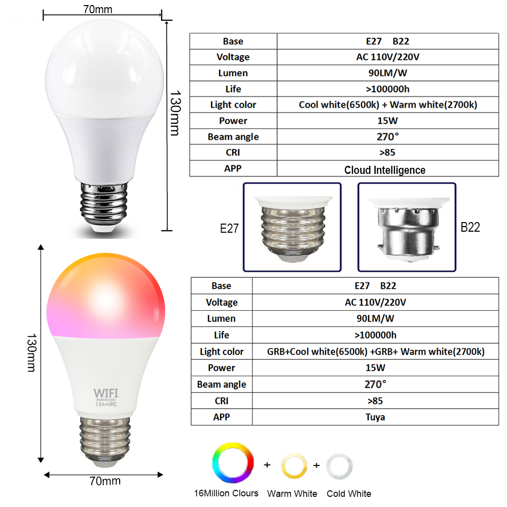 15W High Power Tuya WiFi Smart - Smart Bulb 评论和价格