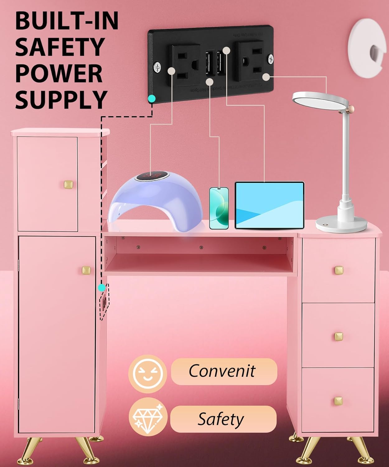 Pink Nail Table for Nail Tech, - Smart Home Pc 评论和价格