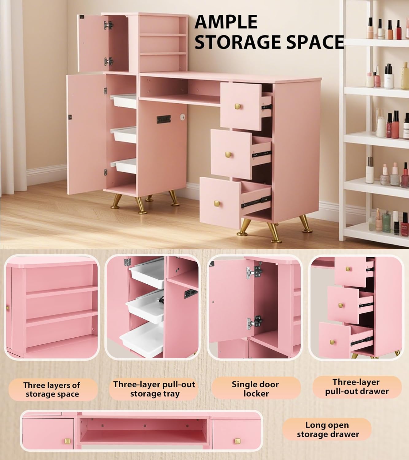 Pink Nail Table for Nail Tech, - Smart Home Pc 评论和价格